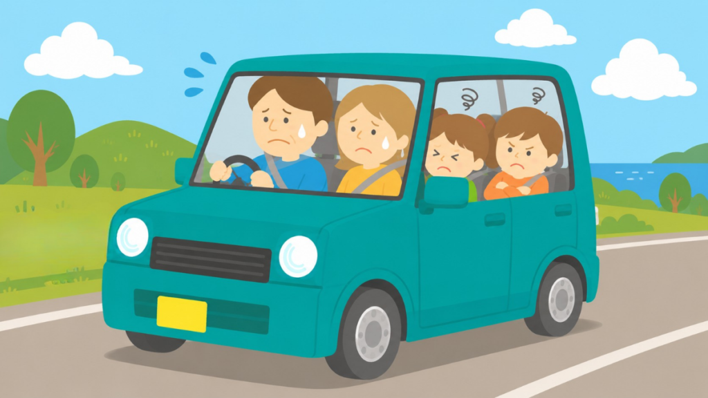 小さい車で窮屈そうにしている家族のイメージ画像