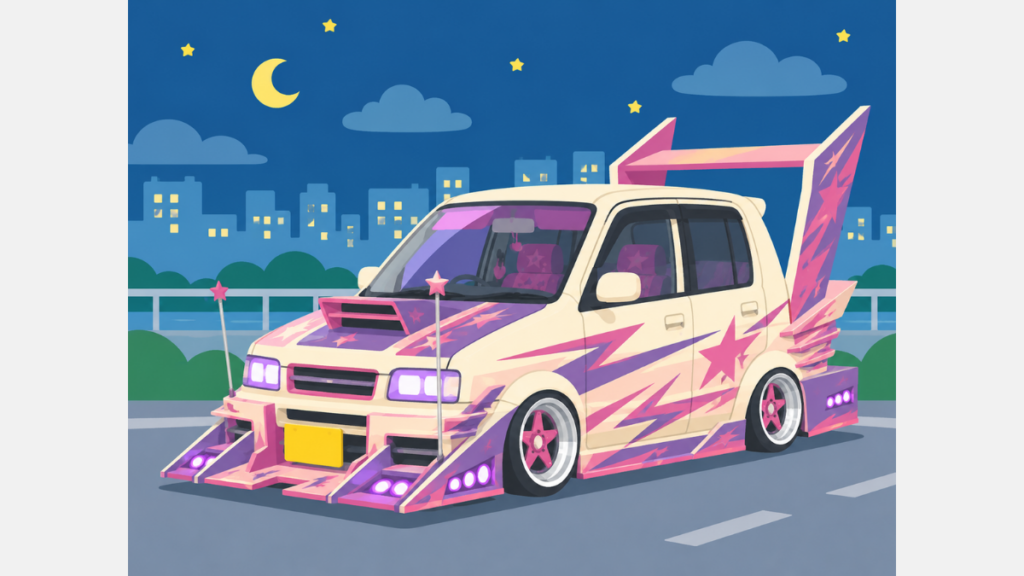 白とピンクの派手にカスタムされた車のイメージ画像