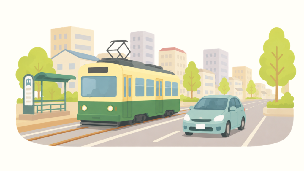 路面電車と車の走る道路のイメージ画像